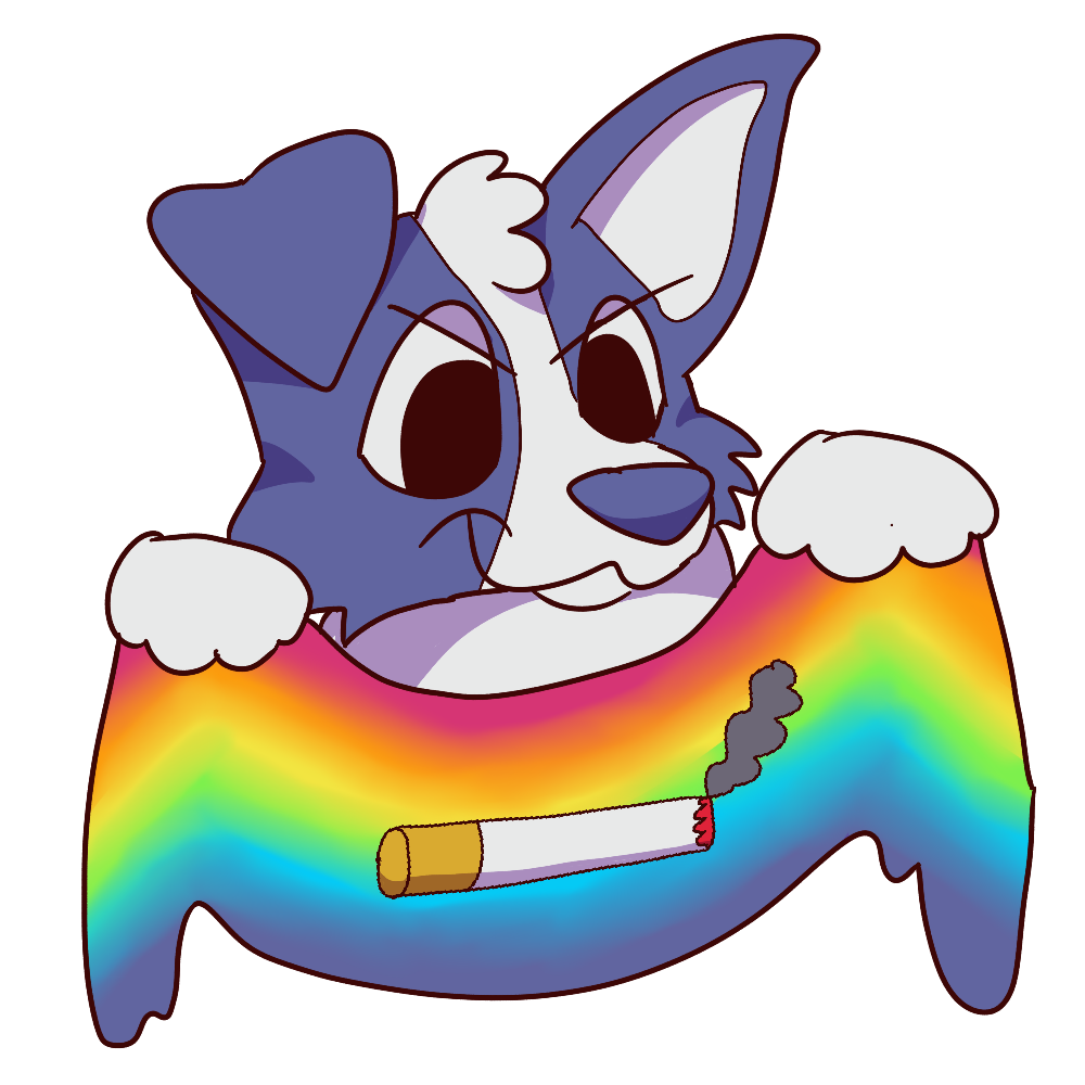  a blue dog holds a rainbow gradient flag with a cigarette and looks mischievous